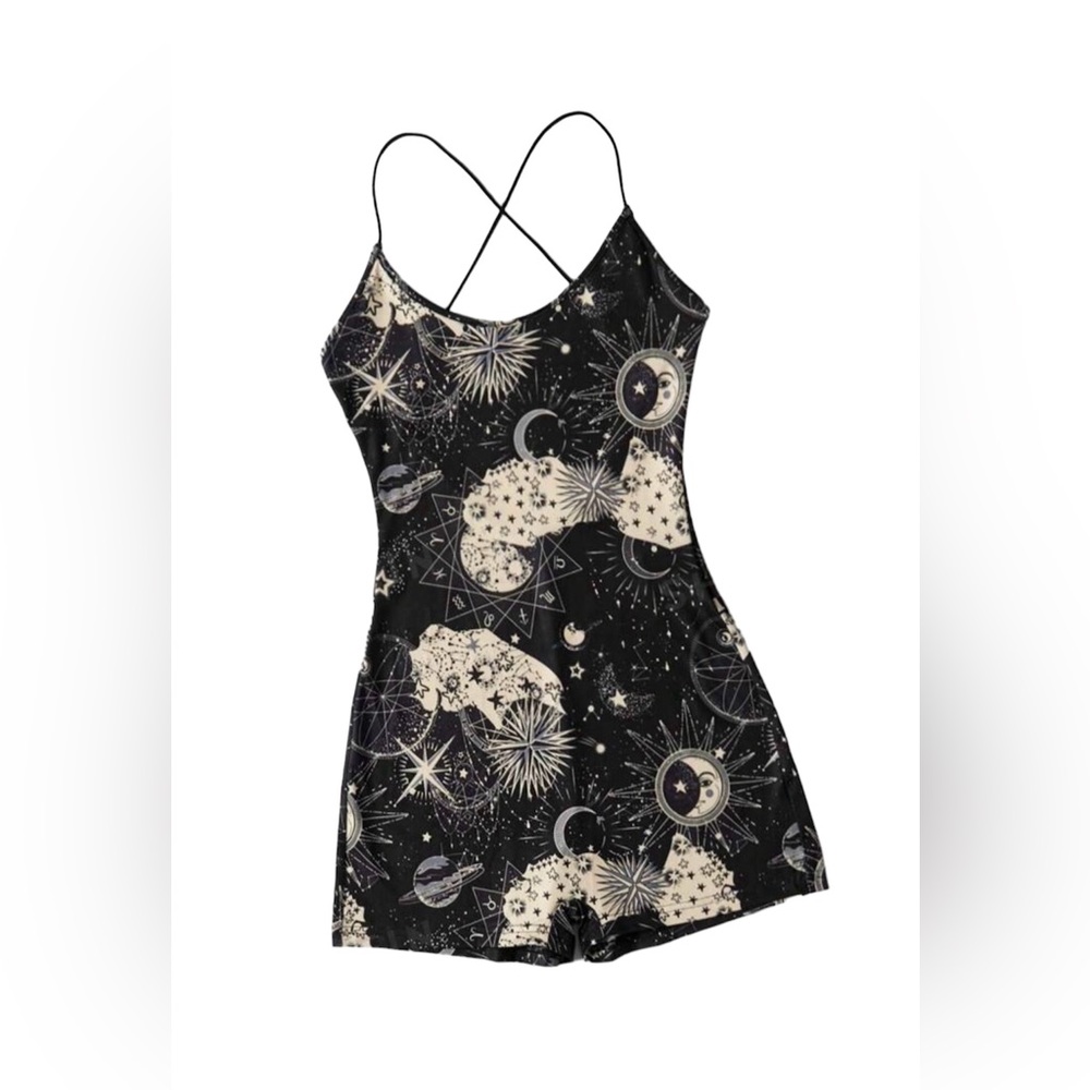 Galaxy Print Crisscross
Backless Unitard Romper